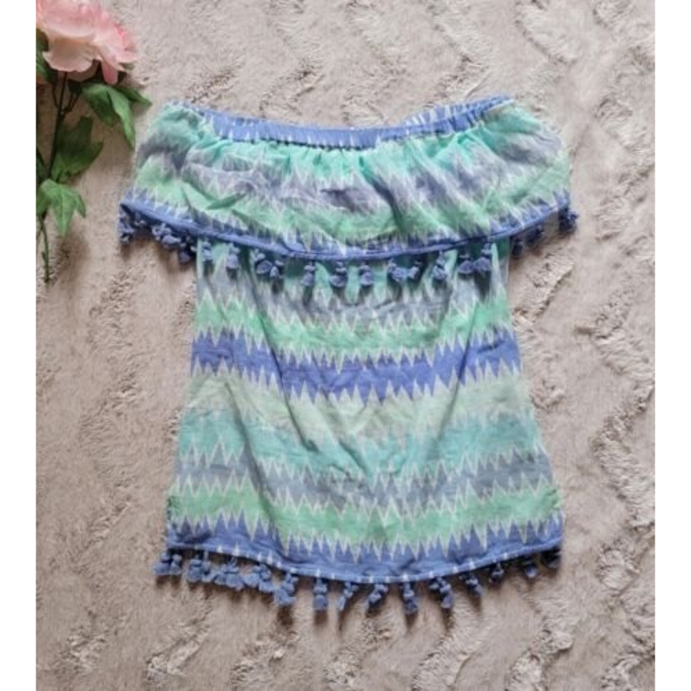 Sail To Sable 100% Cotton Off Shoulder Fringe Tassel Accent Blouse Size XXS‎